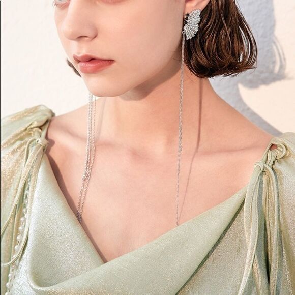 New 925 Silver Post  Asymmetric Butterfly Wing Long Tassel Earrings - Picture 3 of 13
